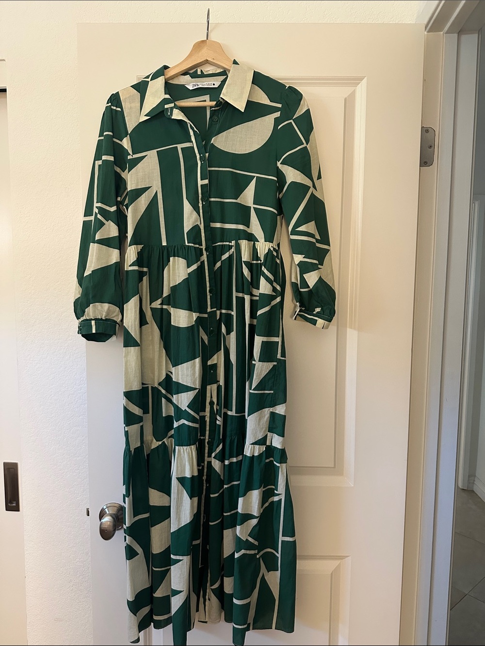 Zara Green and Cream Geometric Button-Front Maxi Dress